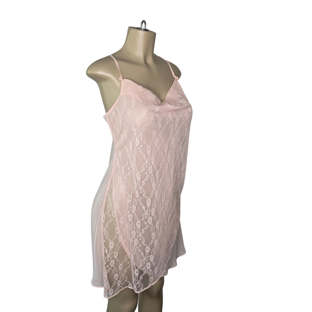 VTG Coquette Nightgown Women XL Pink Lace Chiffon Cowl Neck Sheer Chemise Sexy